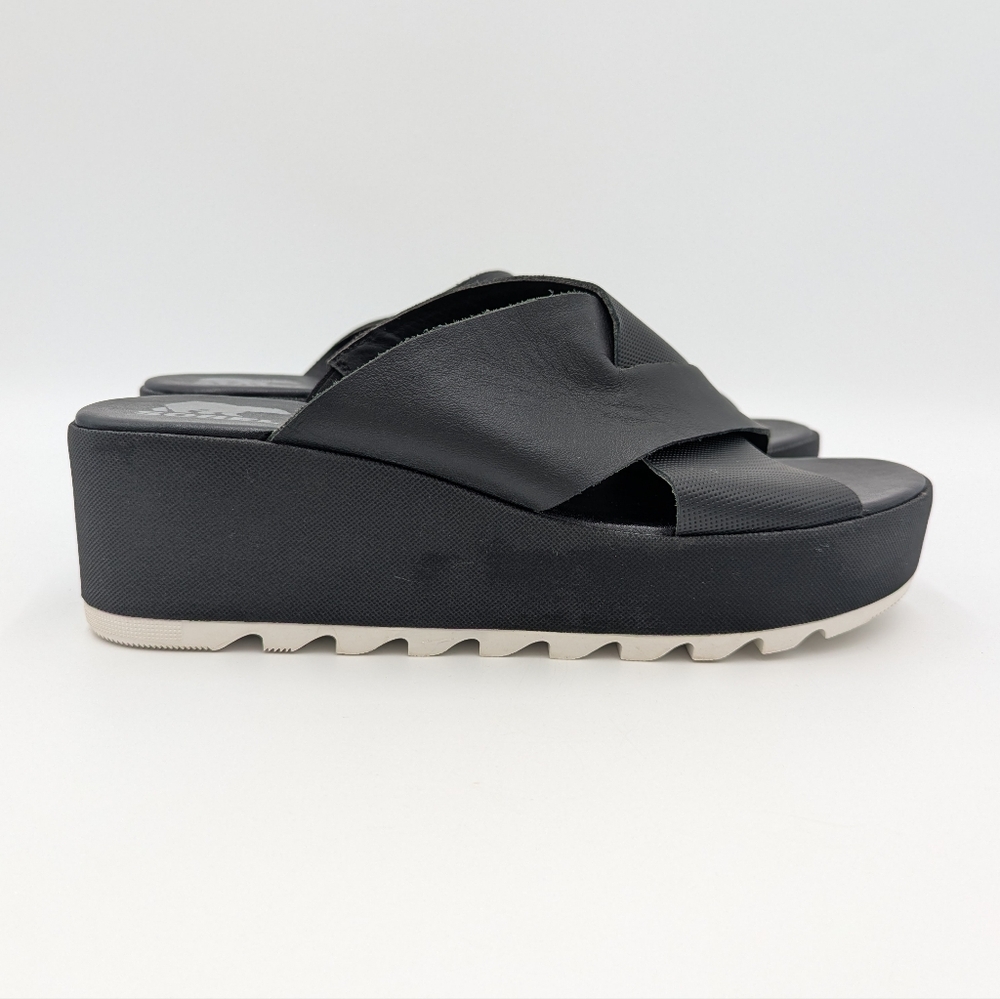 Sorel Cameron Leather Criss Cross Platform Slide Sandals Flatform 11 Black Boho
